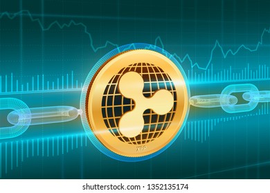 Crypto currency. Block chain. Ripple. 3D isometric Physical golden Ripple coin with wireframe chain. Blockchain concept. Editable Cryptocurrency template. Stock vector illustration.