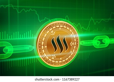 Crypto currency. Block chain. Steem. 3D isometric Physical golden Steem coin with wireframe chain. Blockchain concept. Editable Cryptocurrency template. Stock vector illustration.