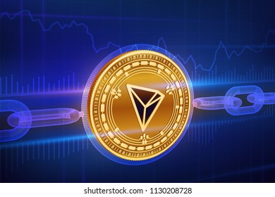 Crypto currency. Block chain. Tron. 3D isometric Physical golden Tron coin with wireframe chain. Blockchain concept. Editable Cryptocurrency template. Stock vector illustration.