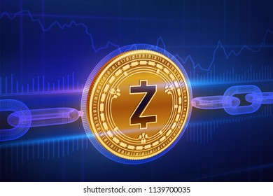 Crypto currency. Block chain. Zcash. 3D isometric Physical golden Zcash coin with wireframe chain. Blockchain concept. Editable Cryptocurrency template. Stock vector illustration.