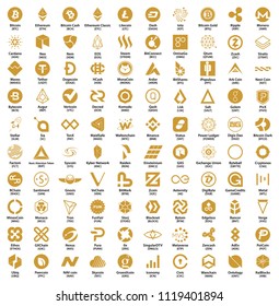 Crypto currency blockchain assets vector logo set golden isolated on white background