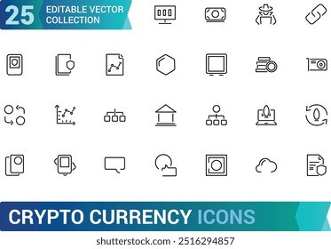 Crypto currency blockchain icons collections, isolated on outline icons set, Bitcoin, Dash, Ripple and more, Linear icon collection. Editable stroke.
