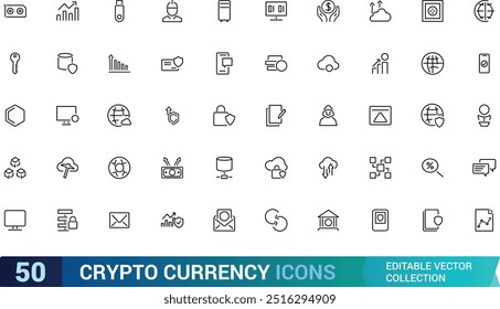 Crypto currency blockchain icons collections, isolated on outline icons set, Bitcoin, Dash, Ripple and more, Linear icon collection. Editable stroke.