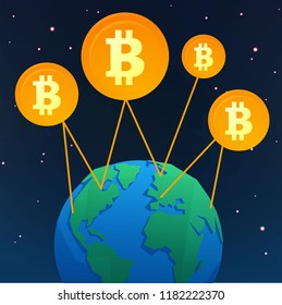  Crypto currency blockchain technology and Globe. Crypto currency trade Vector abstract background. Finance internet payment, bitcoin currency.