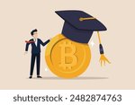 Crypto currency, BTC bitcoin currency, BTC bitcoin currency with graduation cap.