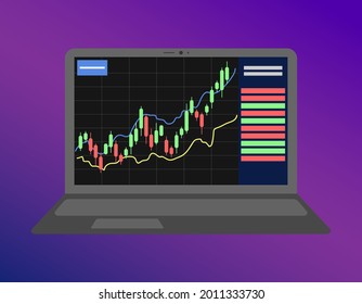 Crypto currency chart on laptop screen. Cryptocurrency graph is growing. Price of coin is rising. Vector illustration.