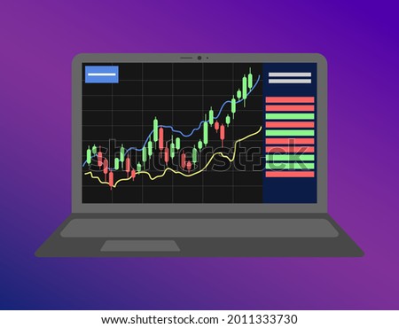 Crypto currency chart on laptop screen. Cryptocurrency graph is growing. Price of coin is rising. Vector illustration.