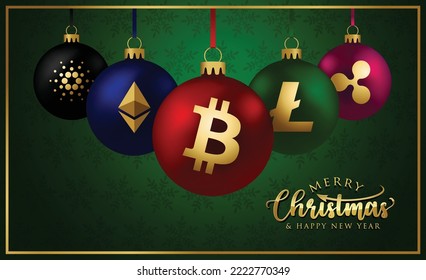 Crypto currency Christmas Balls Set Collection - Bitcoin Ethereum coin symbol Bauble banner greeting card - New Year