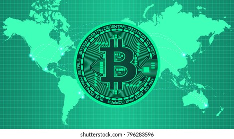 Crypto currency coin with bitcoin symbol on obverse on in trendy green colors on earth continents background. Vector illustration. Use for logos, print products, page and web decor or other design.