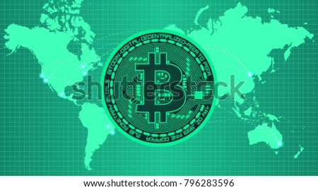 Crypto currency coin with bitcoin symbol on obverse on in trendy green colors on earth continents background. Vector illustration. Use for logos, print products, page and web decor or other design.