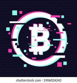 Crypto currency coin. Vector emblem. Blockchain technology background. Digital financial icon, glitch style.