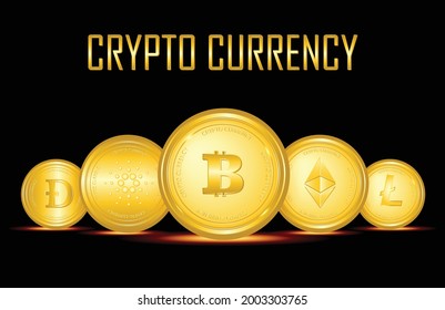 Crypto currency coins - Bitcoin, Litecoin, Ethereum, cardano(ADA) and doge coin on black background. for web, banner, signboard, etc. vector eps10