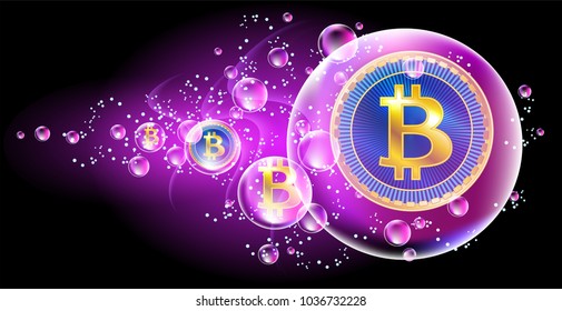 Crypto currency coins bitcoin in soap bubble. The concept of unreliability of the crypto currency.