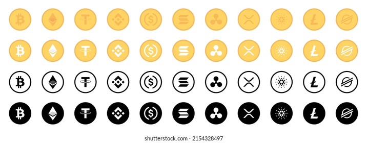 Crypto currency coins and icons. Cryptocurrency digital coins of bitcoin, ethereum, litecoin, ripple and others. Vector. Virtual coins, cryptography moneys set in gold and black isolated.