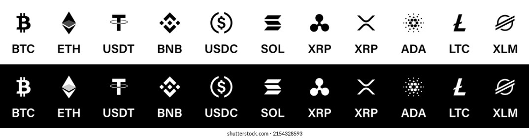 Monedas e íconos de moneda criptográfica. Monedas digitales de criptodivisa de bitcoin, eéreo, litecoina, rupia y otras. Vector. Monedas virtuales, dinero criptográfico montado en oro y negro aislado.