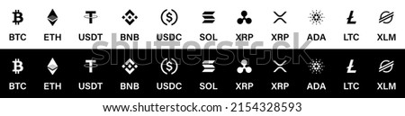 Crypto currency coins and icons. Cryptocurrency digital coins of bitcoin, ethereum, litecoin, ripple and others. Vector. Virtual coins, cryptography moneys set in gold and black isolated.