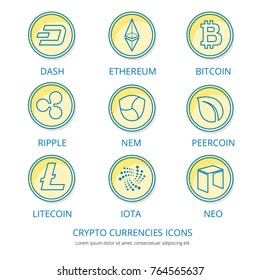Crypto currency coins icons,vector set.Cryptocurrency signs-Bitcoin Ethereum Litecoin Dash Ripple NEM Peercoin IOTA NEO.Digital money logos symbols finance internet business concept