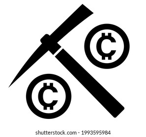 Crypto currency coins and mining pickaxe icon