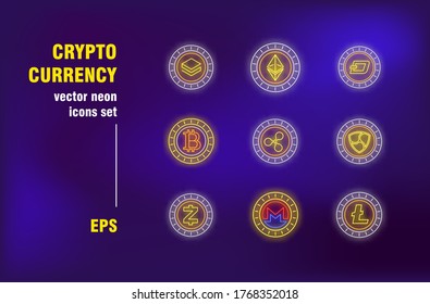 Crypto currency collection in neon style. Money, cash and profit. Vector illustrations for bright bar banners. Investment and digital technology concept