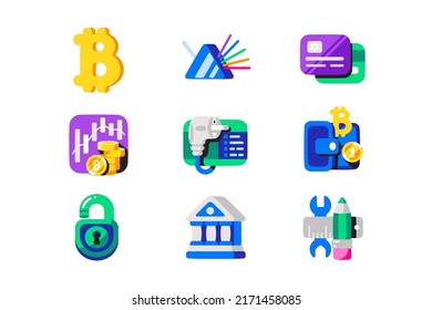 Crypto currency colourful icon set, cryptocurrency services vector illustration. Online payment, tech analysis and digital wallet flat concept