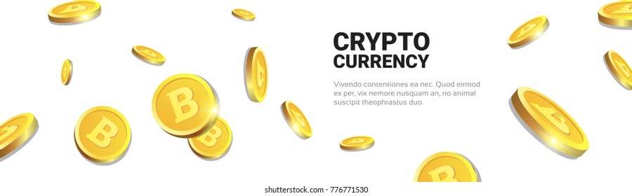 Crypto Currency Concept 3d Golden Bitcoins Flying Over White Background With Copy Space Horizontal Banner Digital Web Money Vector Illustration