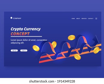 Crypto Currency Concept Based Landing Page With 3D Golden Bitcoins And Waves On Blue Background.