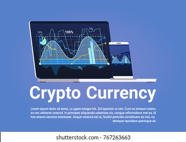 Crypto Currency Concept Bitcoin Digital Money Graphs On Laptop Computer Web Banner Vector Illustration