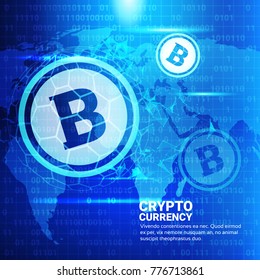 Crypto Currency Concept Bitcoin Sign On World Map Modern Web Money Networking Technology Vector Illustration