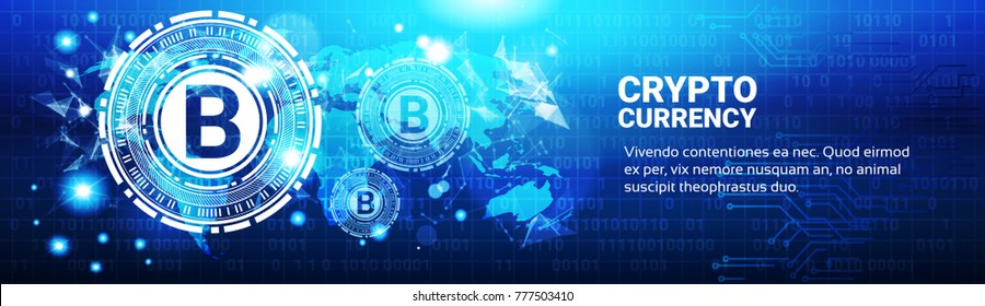 Crypto Currency Concept Bitcoin Sign On Blue World Map Modern Web Money Technology Horizontal Banner Vector Illustration