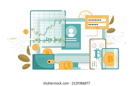 Crypto currency concept. Cryptocurrency growth chart, mining and storage app banner. Crypto coins falling into wallet. Bitcoin exchange, blockchain technology, internet money. Flat vector illustration