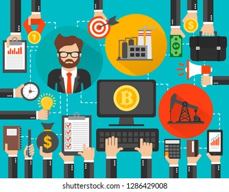 Crypto Currency Concept flat design in oil business.Computer with Bitcoin Currency.Vector illustration