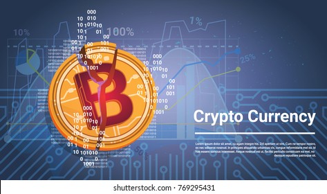 Crypto Currency Concept Golden Bitcoin Digital Web Modey Blue Background With Charts And Graphs And Place For Text Vector Illustration