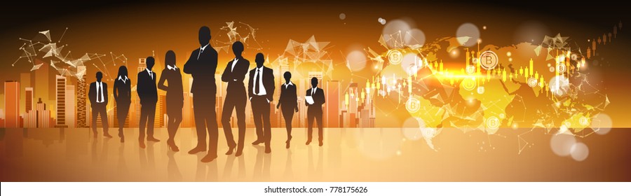 Crypto Currency Concept Silhouette Business People Group Standing Over World Map With Bitcoin Digital Web Money Vector Illustration