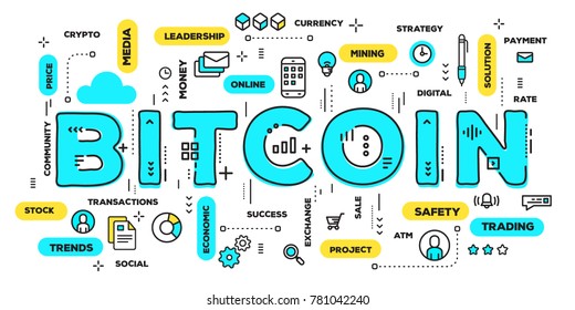 Crypto currency concept with tag cloud on white background. Vector creative illustration of bitcoin blue word lettering typography with line icons. Thin line art style design for financial web banner