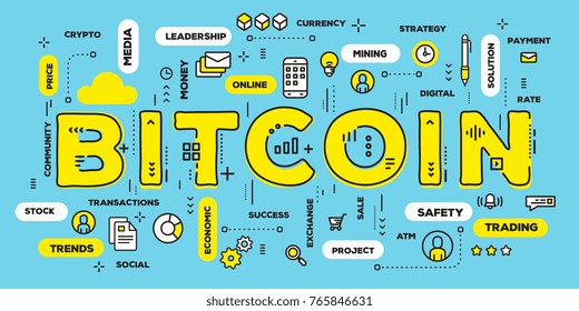 Crypto currency concept. Vector creative illustration of bitcoin yellow word lettering typography with line icons and tag cloud on green background. Thin line art style design for financial web banner