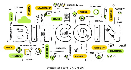 Crypto currency concept. Vector creative illustration of bitcoin word lettering typography with line icons and tag cloud on white background. Thin line art style design for financial web banner