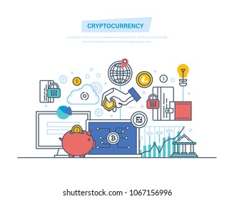 Moneda criptográfica, criptografía, cadena de bloqueo, moneda de pago para realizar transacciones. Dinero, bitcoin, mercado financiero, monitoreo en línea y análisis. Ilustración diseño de línea delgada.