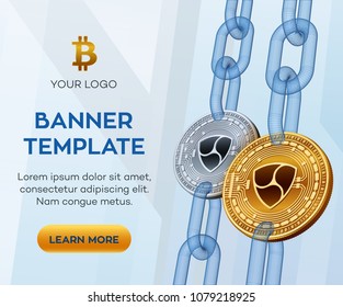 Crypto currency editable banner template. Nem. Isometric Physical bit coin. Golden and silver Nem coins with wireframe chain. Block chain concept. Stock vector illustration.