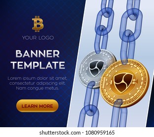 Crypto currency editable banner template. Nem. 3D isometric Physical bit coin. Golden and silver Nem coins with wireframe chain. Block chain concept. Stock vector illustration.