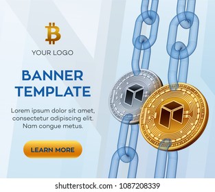 Crypto currency editable banner template. Neo. 3D isometric Physical bit coin. Golden and silver Neo coins with wireframe chain. Block chain concept. Stock vector illustration.