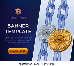 Crypto currency editable banner template. Nem. 3D isometric Physical bit coin. Golden and silver Nem coins with wireframe chain. Block chain concept. Stock vector illustration.