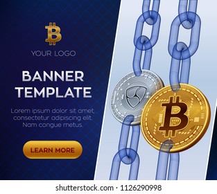 Crypto currency editable banner template. Bitcoin. Nem. 3D isometric Physical bit coins. Golden Bitcoin and silver Nem coins with wireframe chain. Block chain concept. Vector illustration.