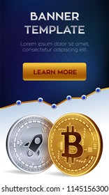 Crypto currency editable banner template. Bitcoin. Stellar. 3D isometric Physical bit coins. Golden Bitcoin and silver Stellar coins with wireframe chain. Block chain concept. Vector illustration.