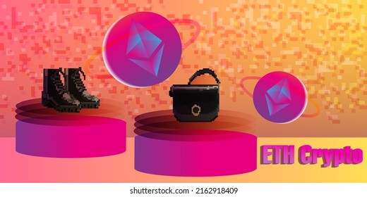 Moneda de Cripto, etéreo Crypto. Vector de banner. Artículos de píxeles a vender para criptodivisa. NFT.