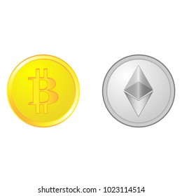 Crypto currency, Ethereum, Bitcoin. Digital currency. Gold coins Bitcoin and silver coin Ethereum. The background is white.