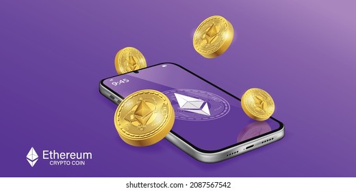 Crypto Currency, Ethereum Crypto On Mobile. Banner Vector.Flat Design Style Web Banner Of Blockchain Technology, Bitcoin, Altcoins, Cryptocurrency Mining, Finance, Digital Money Market