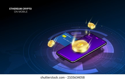 Crypto Currency, Ethereum Crypto On Mobile. Banner Vector.