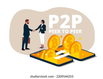 Crypto currency exchange bitcoin, financial technology. Businessman with partner exchange digital money via smart phone. P2P, peer to peer and fintech. Flat vector illustration.