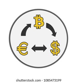 Crypto currency exchange concept in round frame. Convert bitcoin to dollar, euro. Vector illustration.

