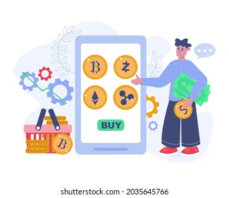 Crypto currency exchange vector concept. Flat illustration for crypto currency exchange and purchasing online.